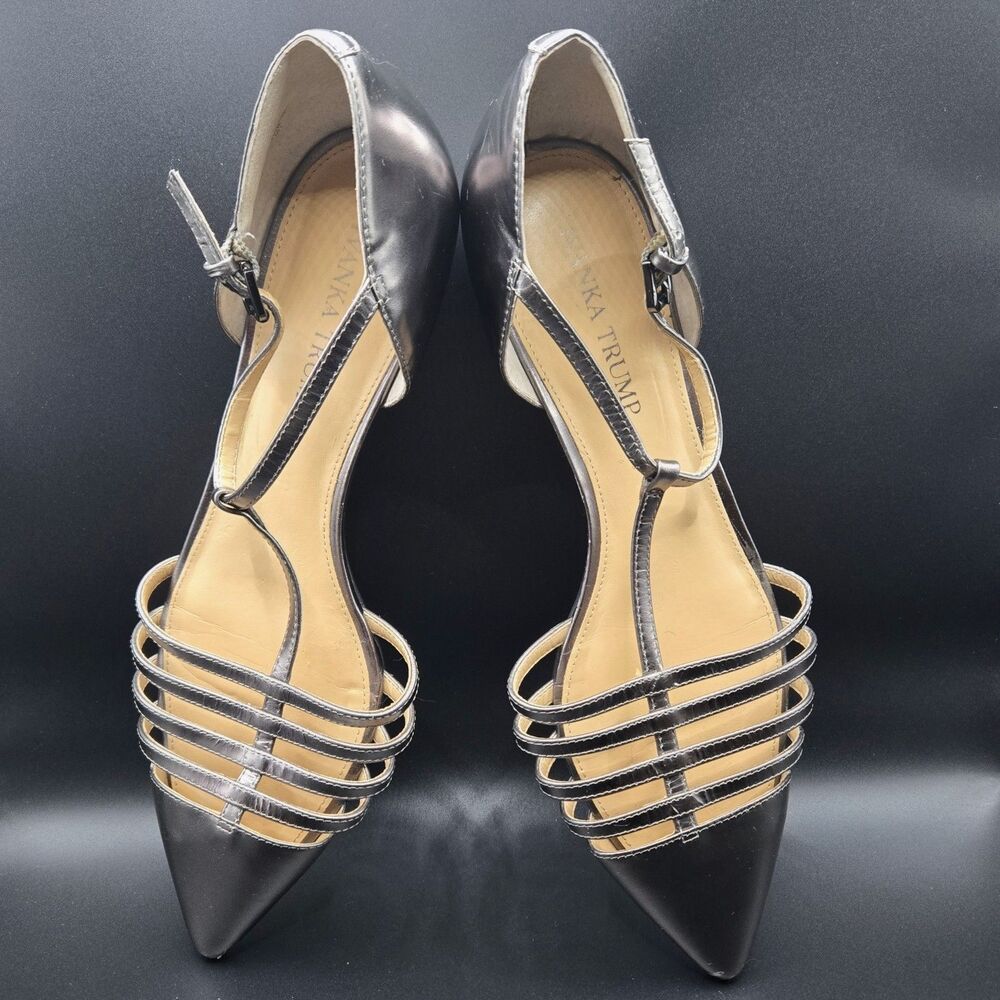 Ivanka Trump Ittoey Metallic Pewter Strappy Pointed Toe Flats Women's Size 8.5